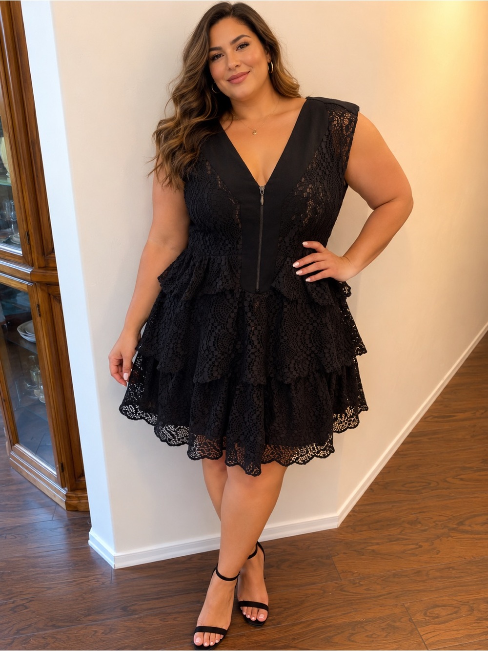 Alfani Black Lace Tiered V-Neck Mini Dress